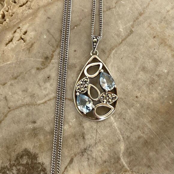 Sterling Silver 925 SLC Blue Topaz Marcasite Teardrop Pendant Necklace 18